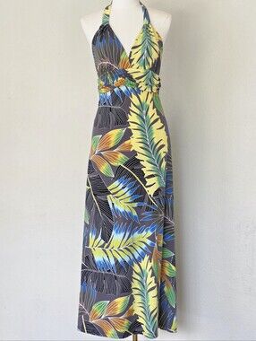 Vintage Napua Collection Hawaii Tropical Halter Maxi Dress Stretch Knit S/M
